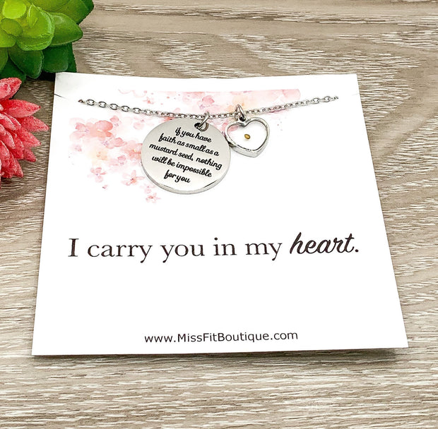 Faith Like a Mustard Seed Charm Necklace, I Carry You In My Heart Card, Bible Verse, Christian Necklace, Miscarriage Necklace for Mom