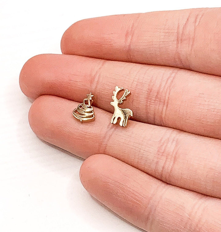 Tiny Christmas Tree Stud Earrings, Reindeer Earrings, Sterling Silver Studs, Holiday Jewelry, Asymmetric Earrings, Stocking Stuffer for Her
