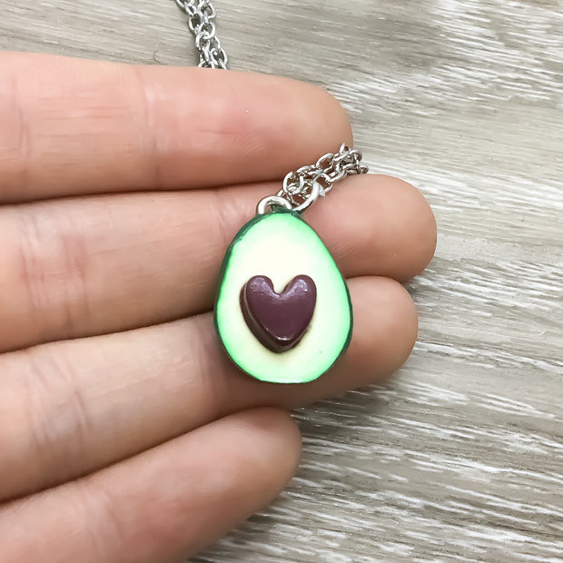 Green Avocado with Heart Pit Necklace Set for 2, Resin, Silver