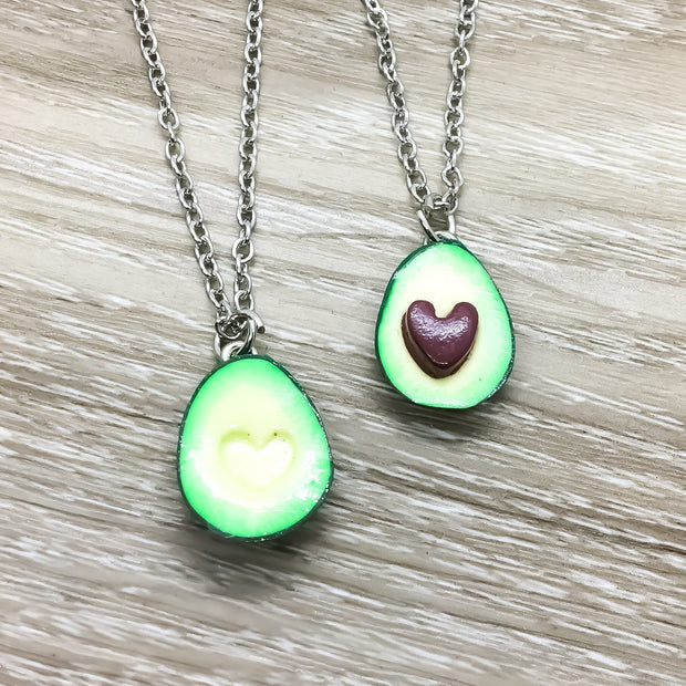 Green Avocado with Heart Pit Necklace Set for 2, Resin, Silver