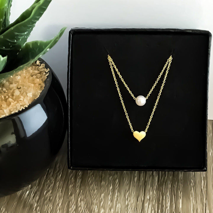 Rose Gold Layered Necklace, Dainty Gold Necklace, Tiny Heart Pendant, Pearl Pendant, Friendship Necklace, Gift For Her, Birthday, Bestfriend