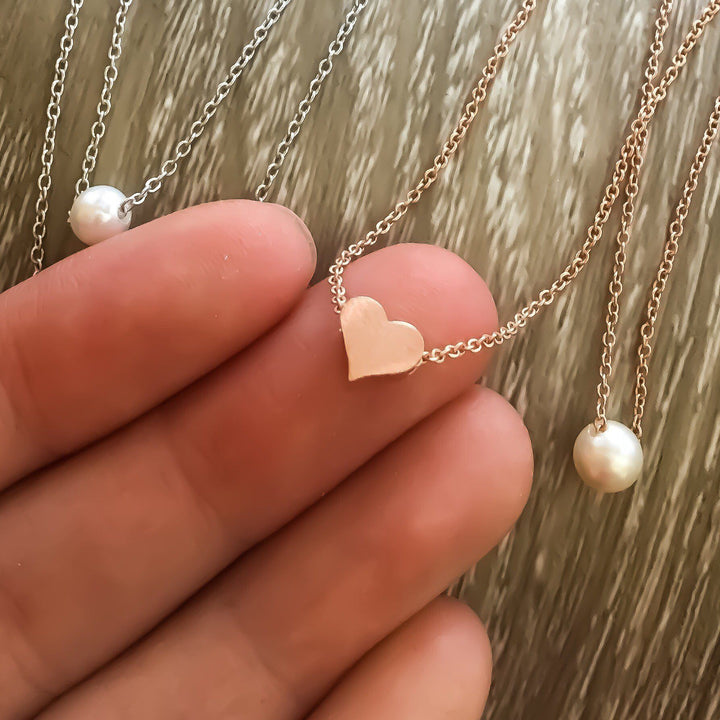 Rose Gold Layered Necklace, Dainty Gold Necklace, Tiny Heart Pendant, Pearl Pendant, Friendship Necklace, Gift For Her, Birthday, Bestfriend